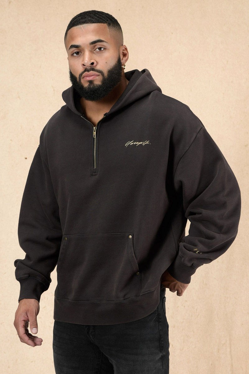 YoungLA 509 Rivet Quarter Zip Hoodie Noir Lavage | 458-GCOFDH