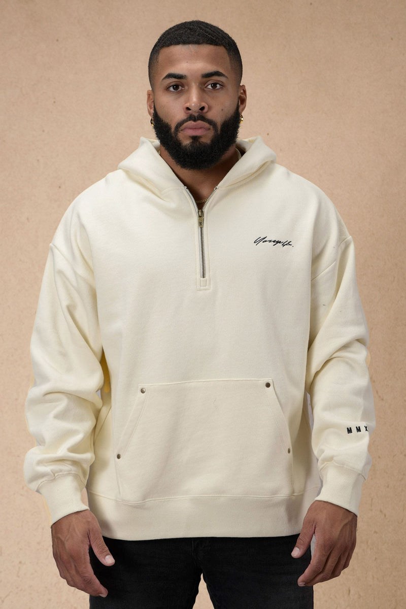 YoungLA 509 Rivet Quarter Zip Hoodie Off-White | 527-CTWXNI