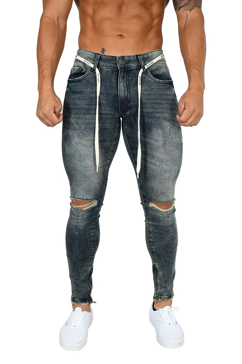 YoungLA 605 DISTRESSED DENIM JEANS Bleu | 358-GUYKMB