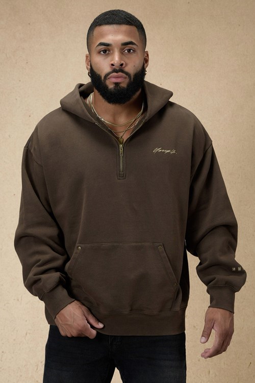 YoungLA 509 Rivet Quarter Zip Hoodie Marron Lavage | 429-PQDHOK